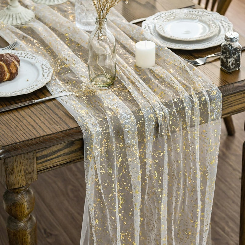 Beige Gold Gauze Table Runner - 28x120 Inch Glitter Metallic Foil Sheer Chiffon for Dining and Party Decor - Image 1
