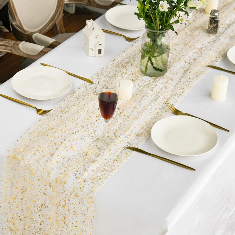 Beige Gold Gauze Table Runner - 28x120 Inch Glitter Metallic Foil Sheer Chiffon for Dining and Party Decor - Image 4