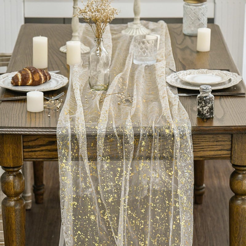 Beige Gold Gauze Table Runner - 28x120 Inch Glitter Metallic Foil Sheer Chiffon for Dining and Party Decor - Image 2