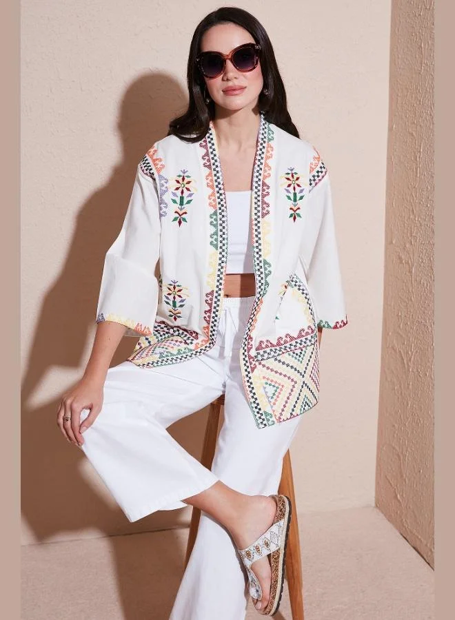 Lela Lela Embroidered Cotton Oversize Fit Three Quarter Sleeve Kimono Women's KIMONO 676272