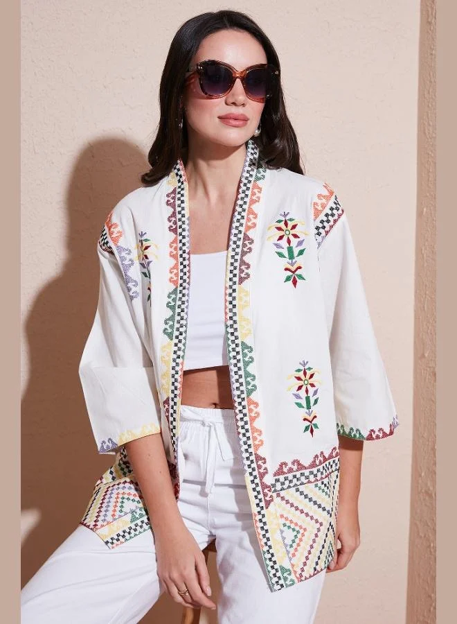 Lela Lela Embroidered Cotton Oversize Fit Three Quarter Sleeve Kimono Women's KIMONO 676272