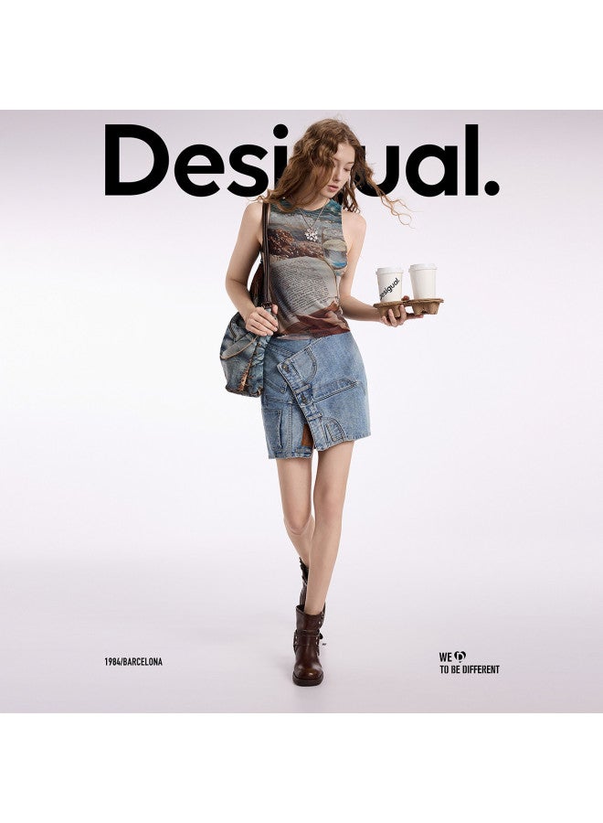 DESIGUAL تي شيرت نسائي بدون أكمام بطباعة حياة شاطئية شبكية 25 - Image 4