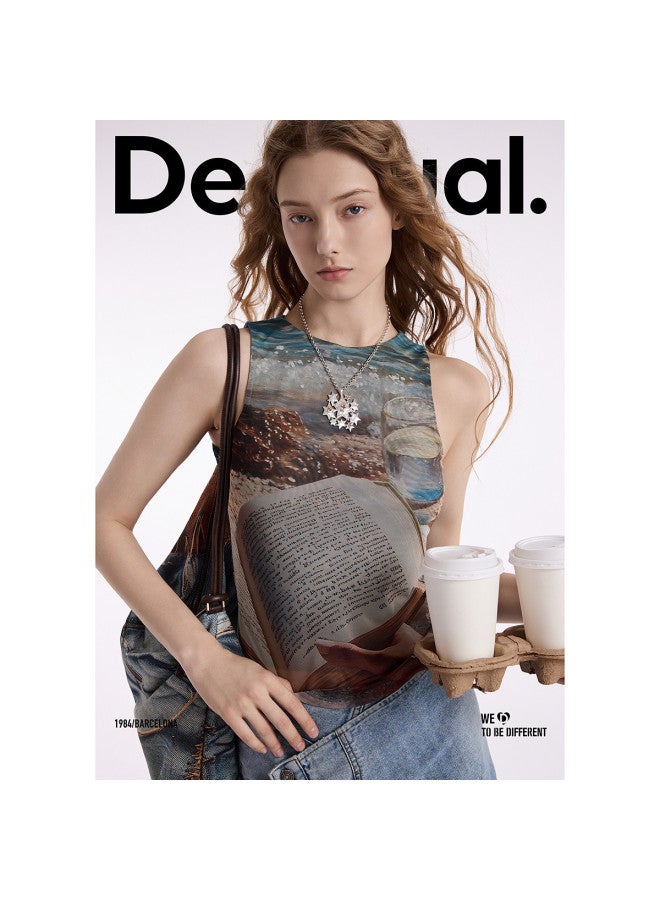 DESIGUAL تي شيرت نسائي بدون أكمام بطباعة حياة شاطئية شبكية 25 - Image 5