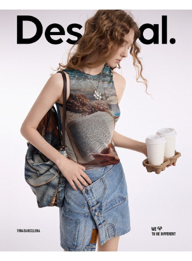 DESIGUAL تي شيرت نسائي بدون أكمام بطباعة حياة شاطئية شبكية 25 - Image 1