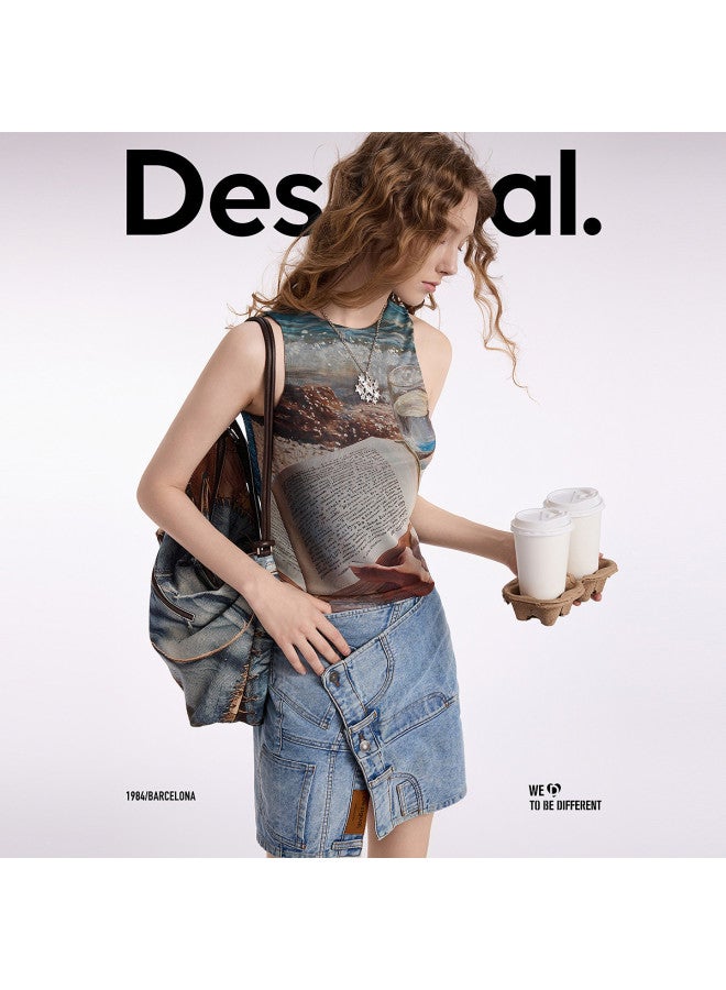 DESIGUAL تي شيرت نسائي بدون أكمام بطباعة حياة شاطئية شبكية 25 - Image 2