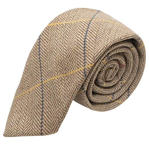 King & Priory Luxury Light Oak Herringbone Check Necktie, Tweed - Image 1