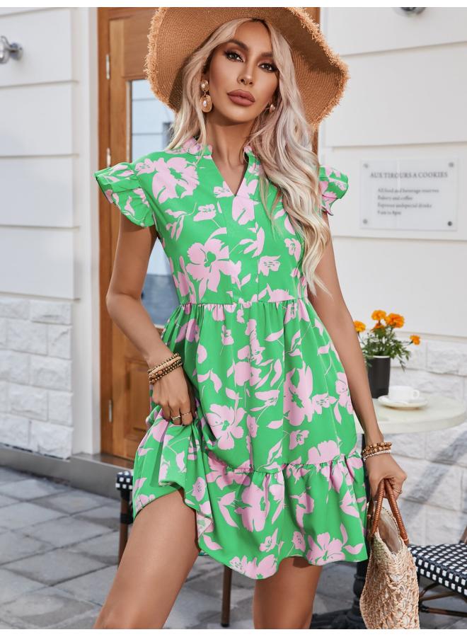 European And American Women's Clothing Spring And Summer New Lotus Leaf Sleeve V-neck Loose Waist Printing Dress 