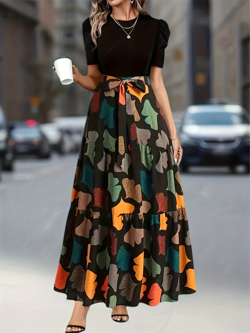 Retro Ginkgo Leaf Print Patchwork Dress Women'S Puff Sleeve High-Waist Tie-Belt Flared Maxi Dress Artistic Commute Casual A-Line Skirt - Image 3