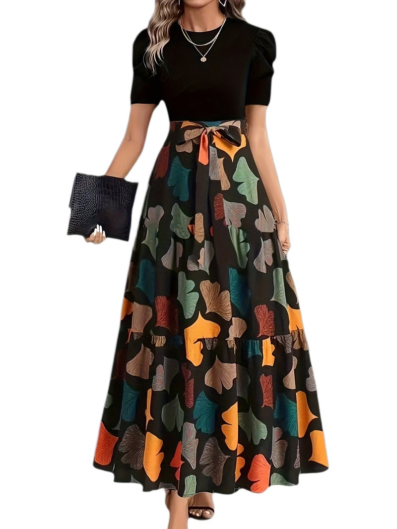 Retro Ginkgo Leaf Print Patchwork Dress Women'S Puff Sleeve High-Waist Tie-Belt Flared Maxi Dress Artistic Commute Casual A-Line Skirt - Image 1