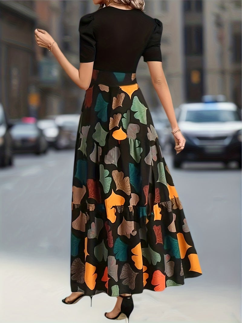 Retro Ginkgo Leaf Print Patchwork Dress Women'S Puff Sleeve High-Waist Tie-Belt Flared Maxi Dress Artistic Commute Casual A-Line Skirt - Image 2