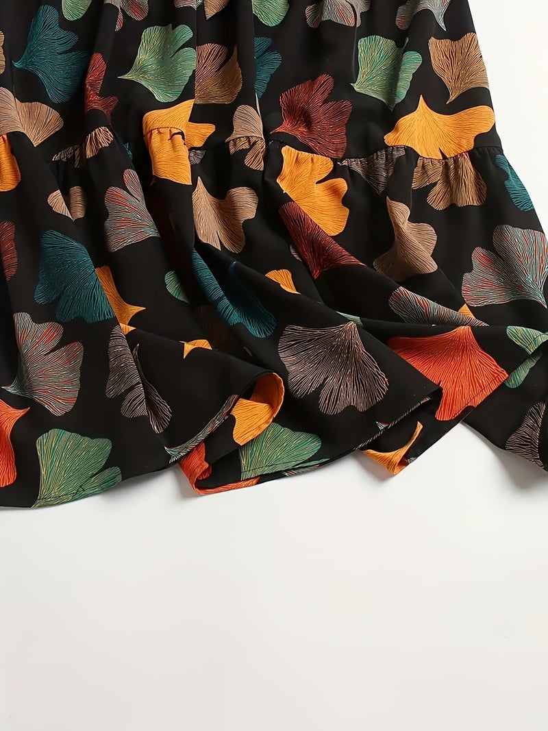 Retro Ginkgo Leaf Print Patchwork Dress Women'S Puff Sleeve High-Waist Tie-Belt Flared Maxi Dress Artistic Commute Casual A-Line Skirt - Image 4