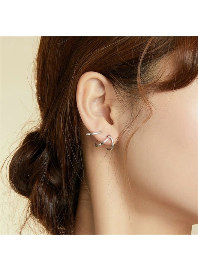 BISAER 925 Sterling Silver Triple Illusion Stud Earrings Double Huggie Hoop Earrings for One Hole Simple Trendy Claw Earring for Women Jewelry Gifts, 1, Sterling Silver, Cubic Zirconia - Image 3