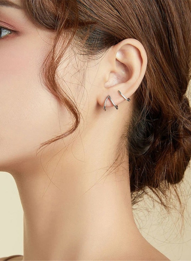 BISAER 925 Sterling Silver Triple Illusion Stud Earrings Double Huggie Hoop Earrings for One Hole Simple Trendy Claw Earring for Women Jewelry Gifts, 1, Sterling Silver, Cubic Zirconia - Image 2