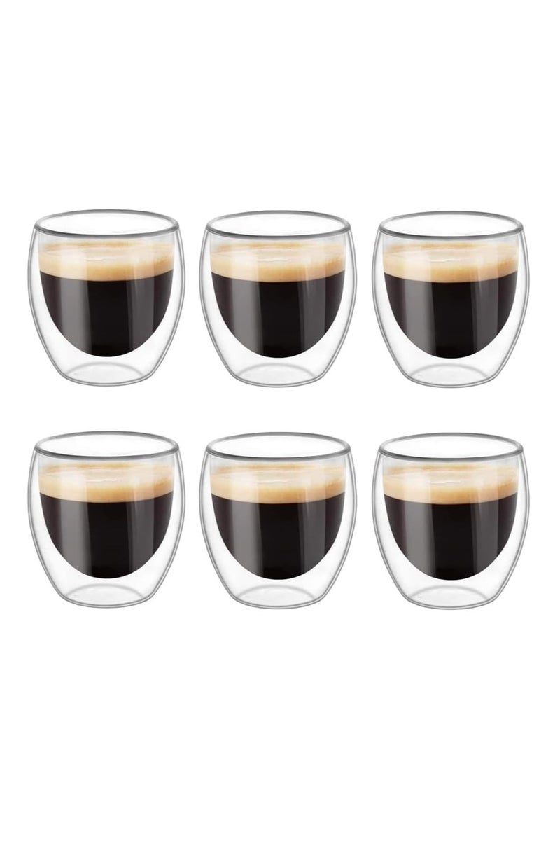 أكواب مزدوجة الجدار سعة 250 مل للقهوة/الشاي، كوب زجاجي صغير للإسبريسو، مجموعة من 6 أكواب قهوة مثالية للكابتشينو واللاتيه والشاي التركي والحليب والمشروبات الأخرى - Image 1