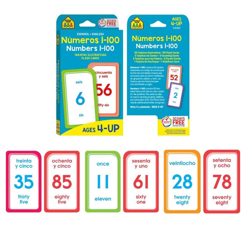 School Zone Preschool Spanish Bilingual 4-Pack Flash Cards: 224 Cards, Tarjetas de Ãndice BilingÃ¼es EspaÃ±ol/InglÃ©s, Alphabet, Sight Words,: Numbers 1-100, Colors & Shapes, Language Immersion, Ages 4+ (Spanish/English Edition) - Image 5