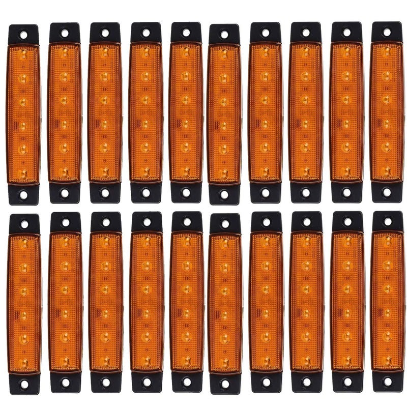 أضواء كشاف جانبي LED كيييت أمبر - عبوة من 20 مصباح 6 LED 2835 SMD لمصابيح الإضاءة للسيارات والشاحنات والمقطورات والـ RV والفانات والشاحنات الصغيرة والجرارات والشاحنات والسيارات الرياضية والقوارب 12V DC مضادة للصدمات
