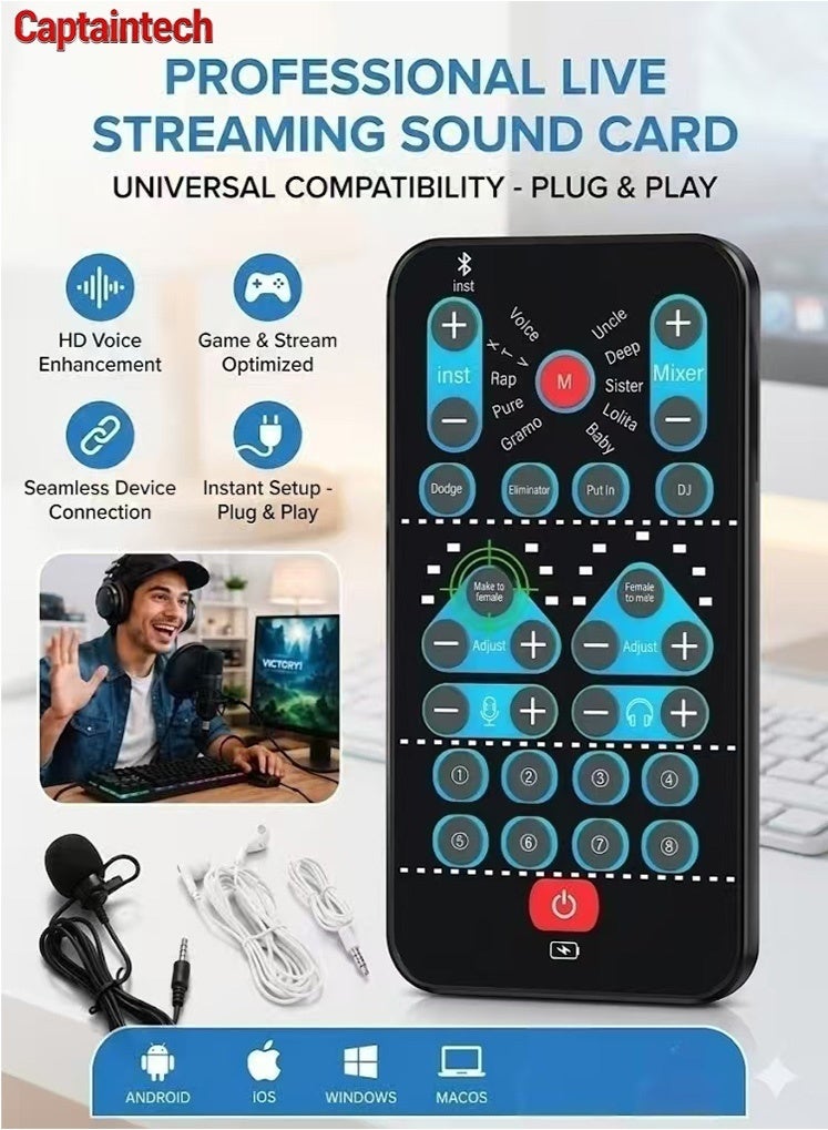 Captaintech Handheld Live Sound Card u0026 Mini Voice Changer with 8 Fixed Audio Effects - Plug u0026 Play Voice Disguiser for Mobile Phone, Gaming u0026 Recording, Durable Lightweight Design - Image 1