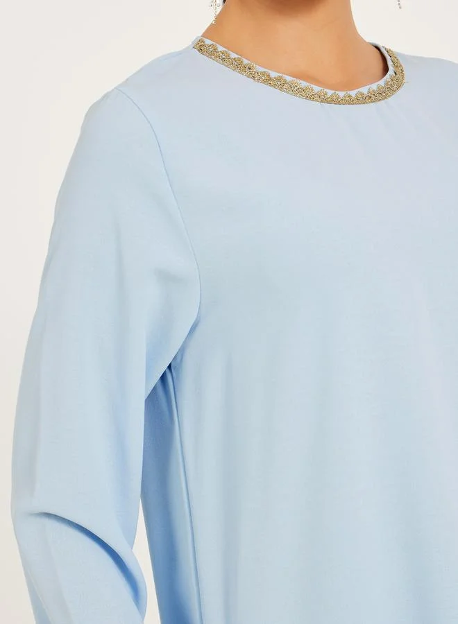 Styli 3/4th sleeve length long top with gold lace trims and wide leg pants modest set