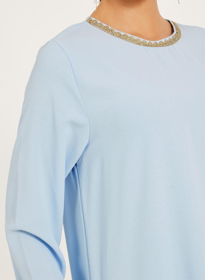 Styli 3/4th sleeve length long top with gold lace trims and wide leg pants modest set  - Image 3