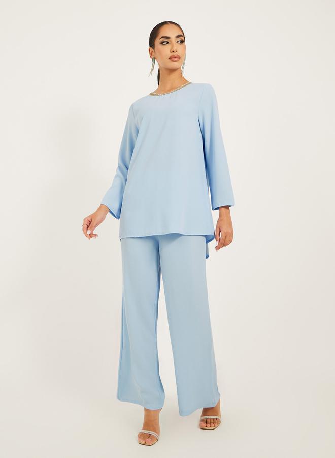 Styli 3/4th sleeve length long top with gold lace trims and wide leg pants modest set  - Image 1