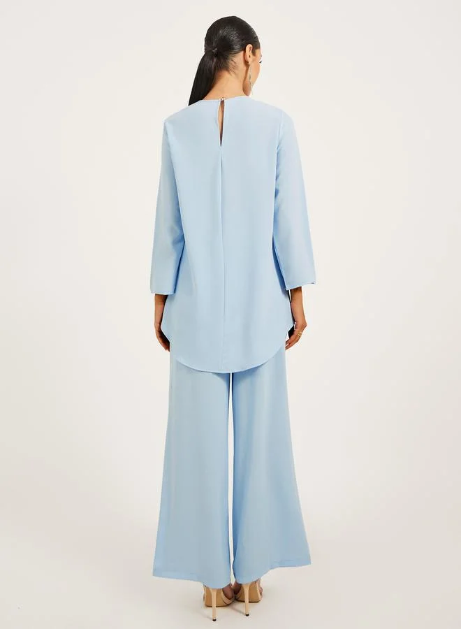 Styli 3/4th sleeve length long top with gold lace trims and wide leg pants modest set