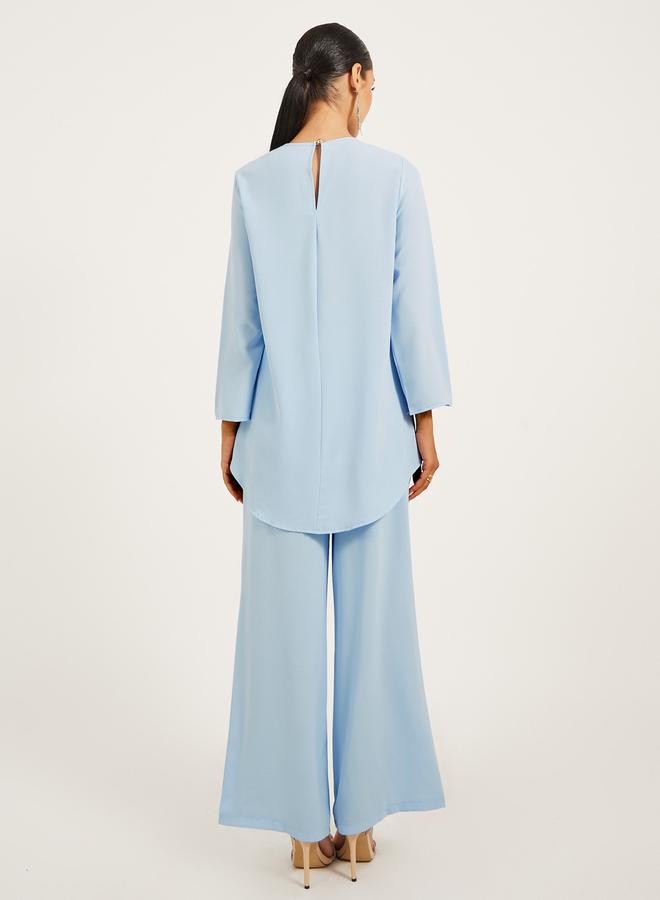 Styli 3/4th sleeve length long top with gold lace trims and wide leg pants modest set  - Image 4