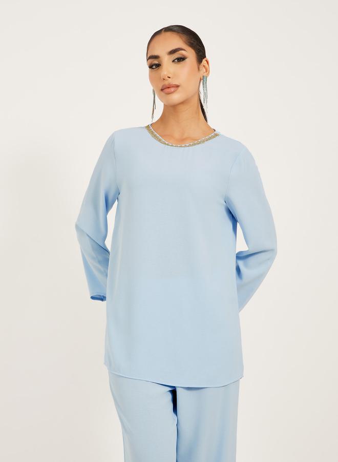 Styli 3/4th sleeve length long top with gold lace trims and wide leg pants modest set  - Image 2