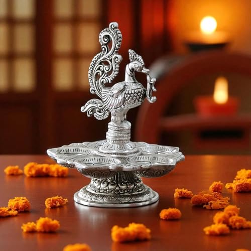 Dreamkraft Metal Decorative Silver Peacock Oil Lamp, 5-Diya Traditional Pooja Diya, 13 cm Height, 160 GM - Image 3