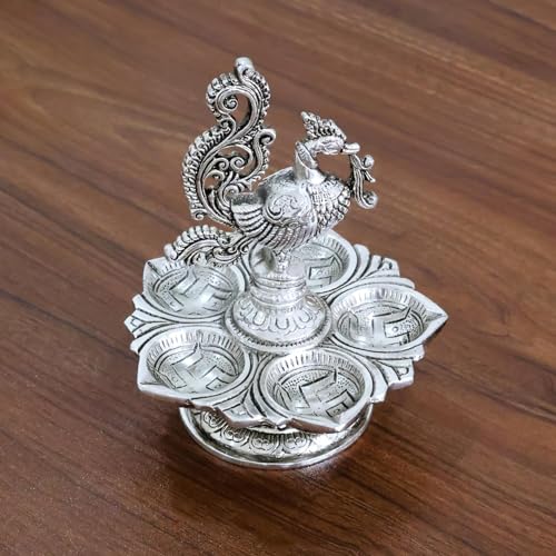 Dreamkraft Metal Decorative Silver Peacock Oil Lamp, 5-Diya Traditional Pooja Diya, 13 cm Height, 160 GM - Image 5