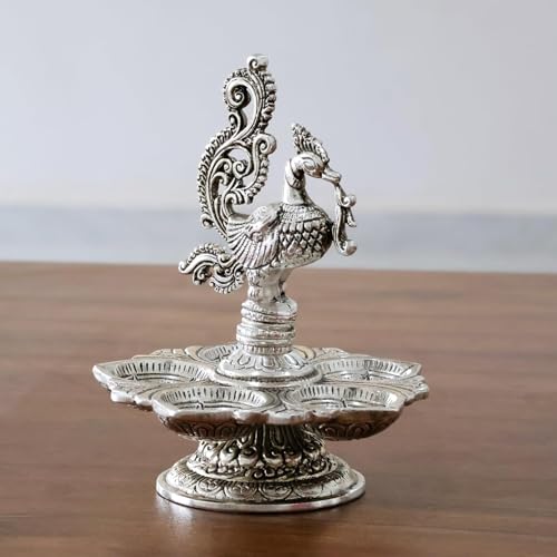 Dreamkraft Metal Decorative Silver Peacock Oil Lamp, 5-Diya Traditional Pooja Diya, 13 cm Height, 160 GM - Image 4