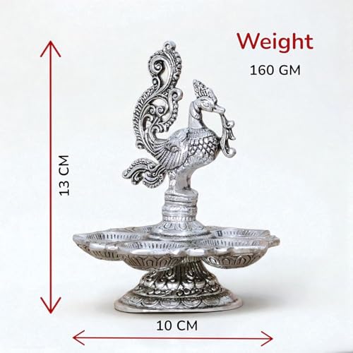 Dreamkraft Metal Decorative Silver Peacock Oil Lamp, 5-Diya Traditional Pooja Diya, 13 cm Height, 160 GM - Image 2