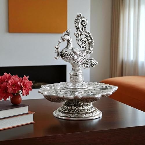 Dreamkraft Metal Decorative Silver Peacock Oil Lamp, 5-Diya Traditional Pooja Diya, 13 cm Height, 160 GM - Image 1