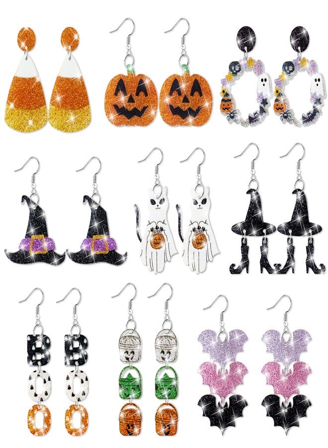Y1tvei Halloween Glitter Acrylic Earrings - 9 Pairs Pumpkin Wreath Witch Hat Black Boots Bat White Ghosts Charm Earring Sparkly Drop Dangle Stud Ear Decor Jewelry Accessory Supplies for Women Party - Image 1