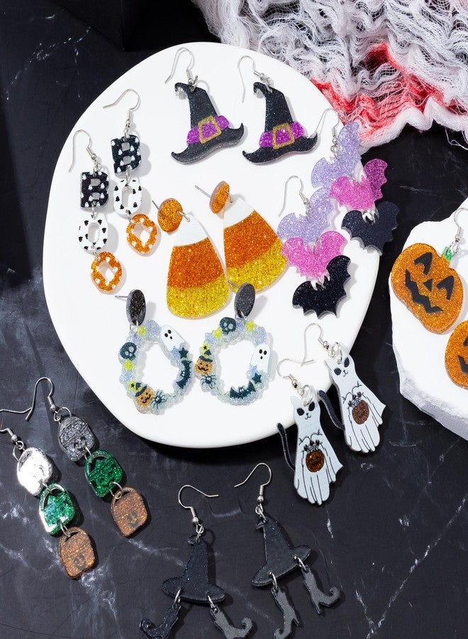 Y1tvei Halloween Glitter Acrylic Earrings - 9 Pairs Pumpkin Wreath Witch Hat Black Boots Bat White Ghosts Charm Earring Sparkly Drop Dangle Stud Ear Decor Jewelry Accessory Supplies for Women Party - Image 2
