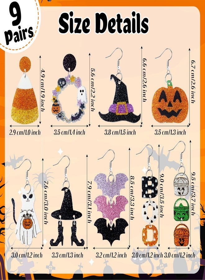 Y1tvei Halloween Glitter Acrylic Earrings - 9 Pairs Pumpkin Wreath Witch Hat Black Boots Bat White Ghosts Charm Earring Sparkly Drop Dangle Stud Ear Decor Jewelry Accessory Supplies for Women Party - Image 4