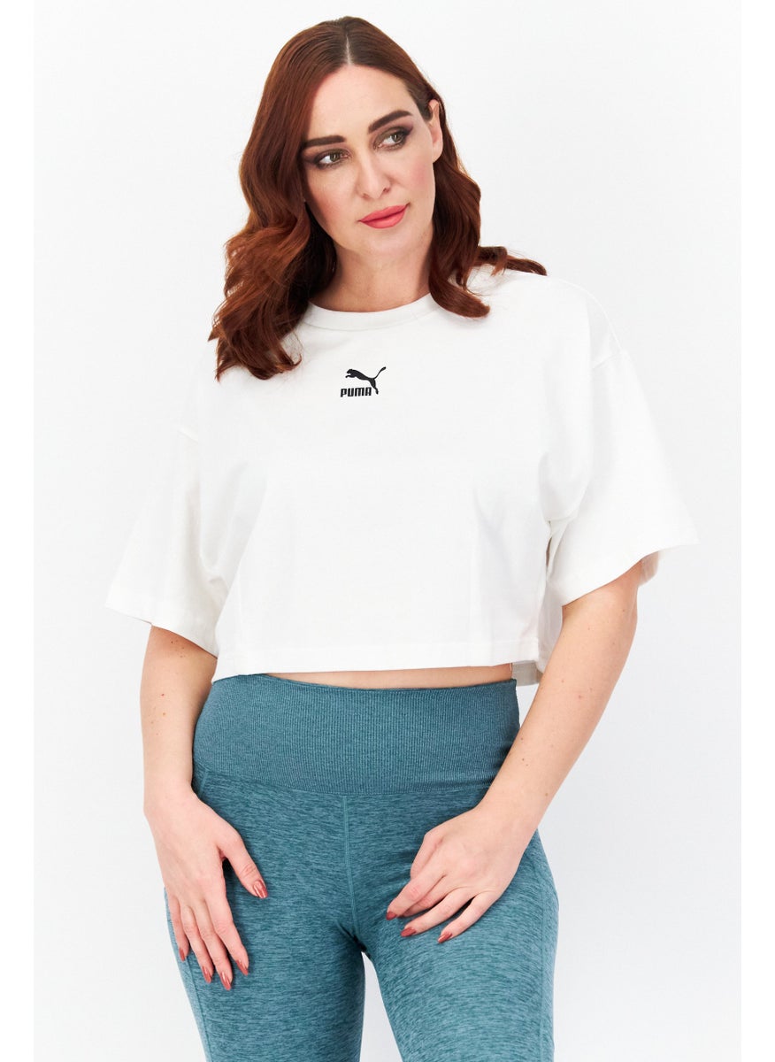 PUMA Women Relaxed Fit Brand Logo Short Sleeve Crop Top White  - Image 1