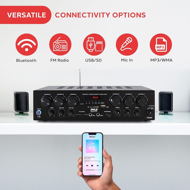Pyle Wireless Bluetooth Karaoke Amplifier - 6 Channel 750W Power, Stereo Receiver Home Audio Amplifier w/USB,AUX, Subwoofer Out, Headphone, 2 Mic Input w/Echo, Talk-Over For PA - Image 4