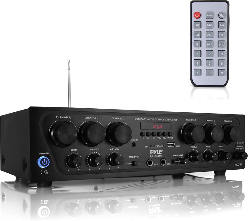 Pyle Wireless Bluetooth Karaoke Amplifier - 6 Channel 750W Power, Stereo Receiver Home Audio Amplifier w/USB,AUX, Subwoofer Out, Headphone, 2 Mic Input w/Echo, Talk-Over For PA - Image 1
