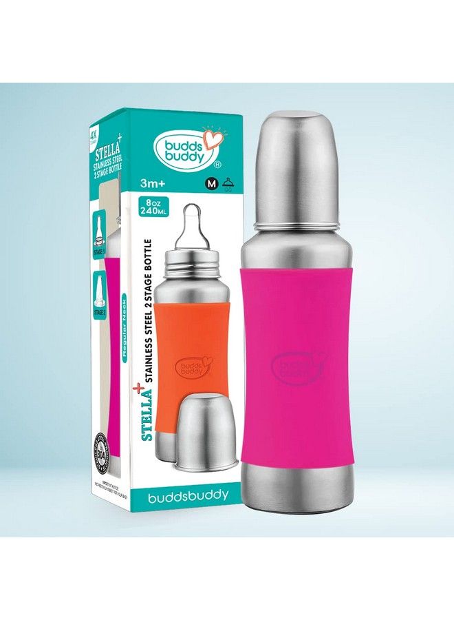 BuddsBuddy Stella Plus Neck New Born Baby Feeding Bottle Made With High Grade Stainless Steel ; Rust Free Feeding Bottle With Nipple ; Leak Proof Baby Bottle ; With Extra Spout Sipper ; 300 Ml ; Pink - Image 5