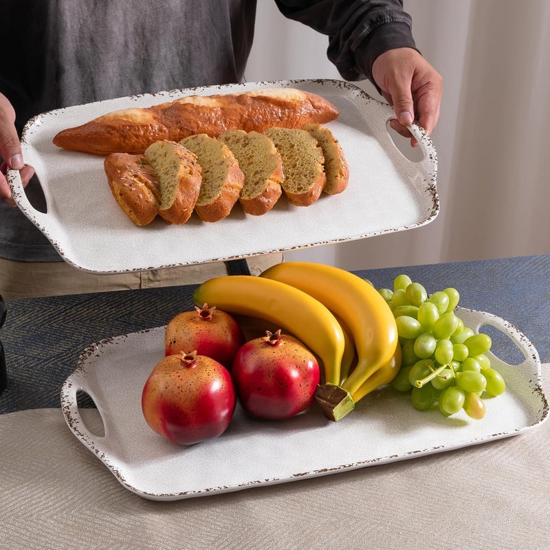 ZAROCRUS Farmhouse Melamine Serving Tray with Handles Set of 2 19x12 Extra Large Rectangular Turkey Serving Platter Serving Food Trays for Entertaining ChristmasThanksgivingParty Ivory - Image 3