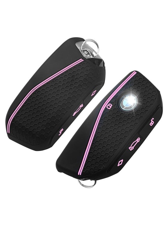 QBUC 2PCS for BMW Key Fob Cover, Soft Silicone Key Case for BMW 2024 2023 2025 7 Series IX I5 M60 X5 X7 X6 IX I7 Car Key Protector with Rings (3 Button,Pink) - Image 1