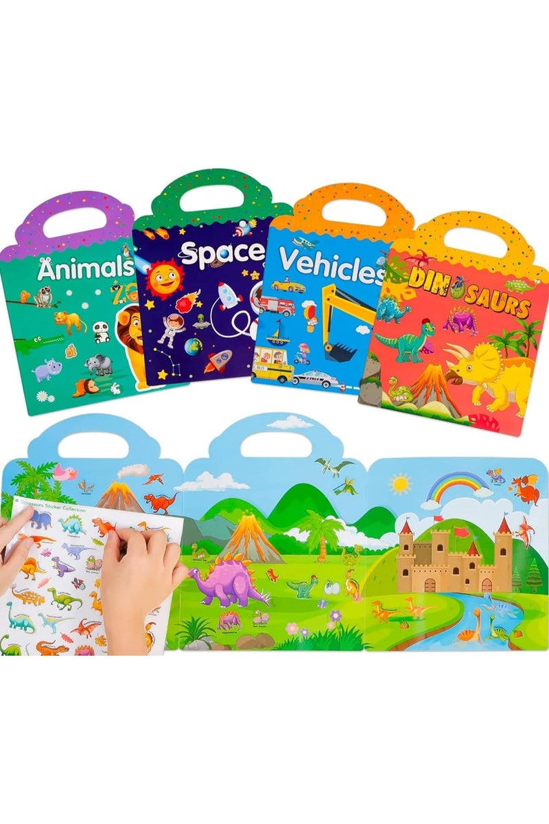 Reusable Sticker Books Toys for Kids-4 Pack Stickers Books for Age 2 3 4 Year Old Toddlers, 3D Clear Animal Space Vehicles Dinosaur Sticker Book Educational Learning Toy Birthday Gifts - Image 1