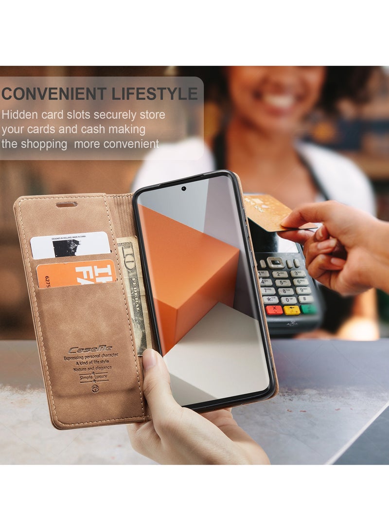 CaseMe RedMi Note 13 pro plus 5G Wallet Case Book Folding Flip Folio Case with Magnetic Kickstand Card Slots Protective Cover - Brown - Image 2