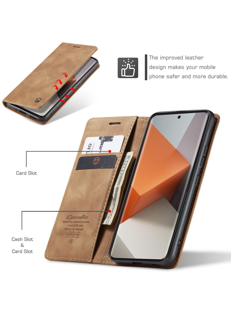 CaseMe RedMi Note 13 pro plus 5G Wallet Case Book Folding Flip Folio Case with Magnetic Kickstand Card Slots Protective Cover - Brown - Image 3