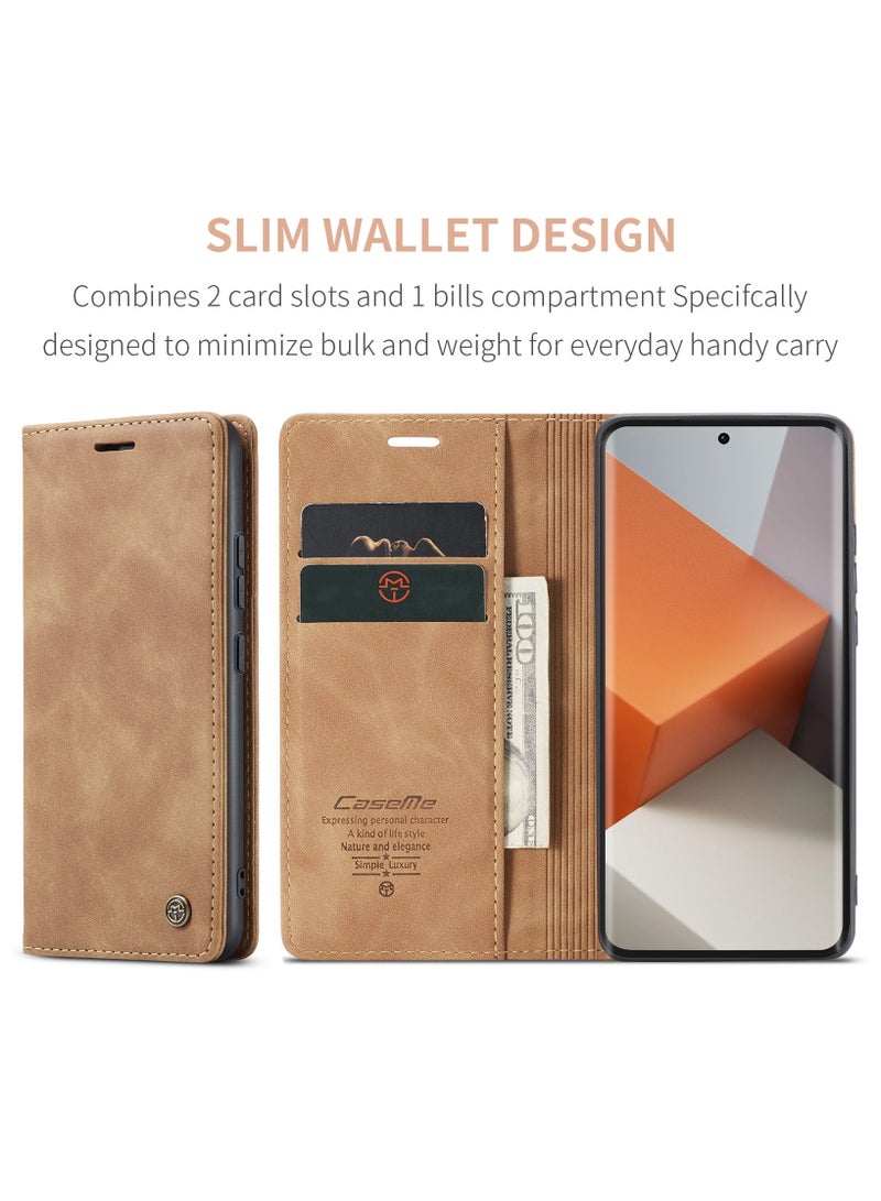CaseMe RedMi Note 13 pro plus 5G Wallet Case Book Folding Flip Folio Case with Magnetic Kickstand Card Slots Protective Cover - Brown - Image 5