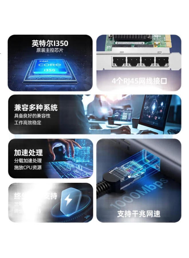 Flybish بطاقة شبكة خادم رباعية المنفذ من فليبيش Pcie X4 جيجابت، شريحة إنتل I350Am4، منفذ كهربائي I350-T4، أتمتة كاميرا الرؤية الصناعية - Image 3