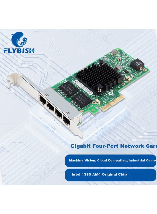 Flybish بطاقة شبكة خادم رباعية المنفذ من فليبيش Pcie X4 جيجابت، شريحة إنتل I350Am4، منفذ كهربائي I350-T4، أتمتة كاميرا الرؤية الصناعية - Image 1