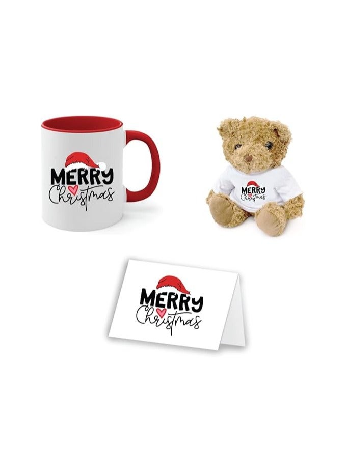 PRINTSHOP4ME Christmas Gift Set-Teddy Bear-Two-Tone Red Mug And Holiday Greeting Card-Pack Of 3 Combo-Christmas Gift For Friends And Family - Image 1
