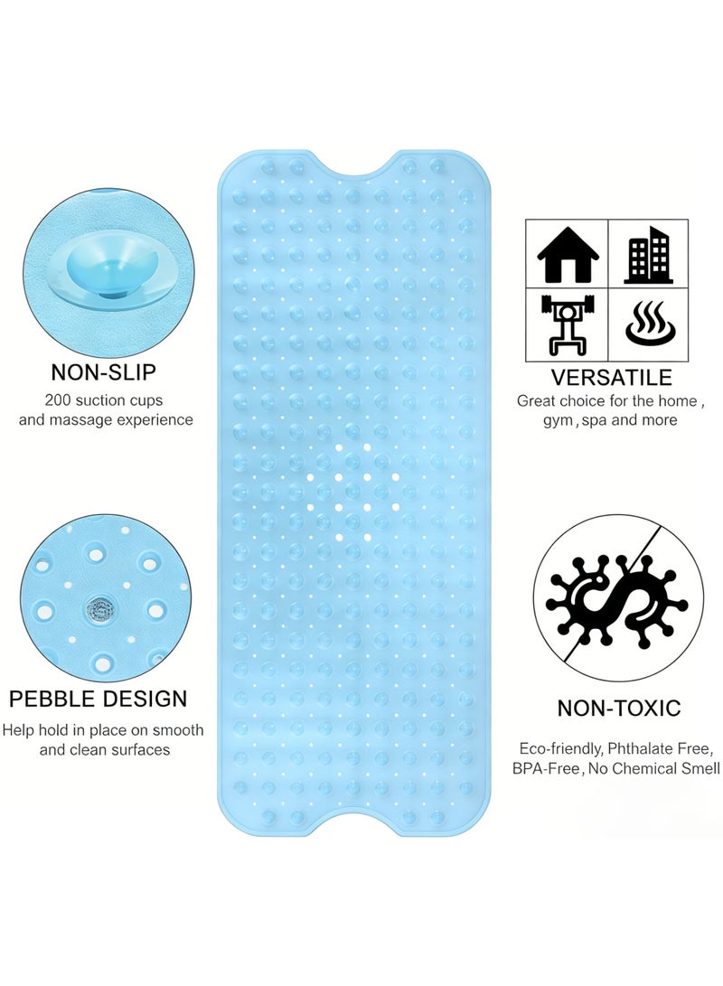 Bath Tub Shower Mat 40 x 16 Inch | Extra Large Non‑Slip Bath Mat with Suction Cups | Drain Holes & Machine Washable Bathroom Mat, Cyan Blue - Image 2