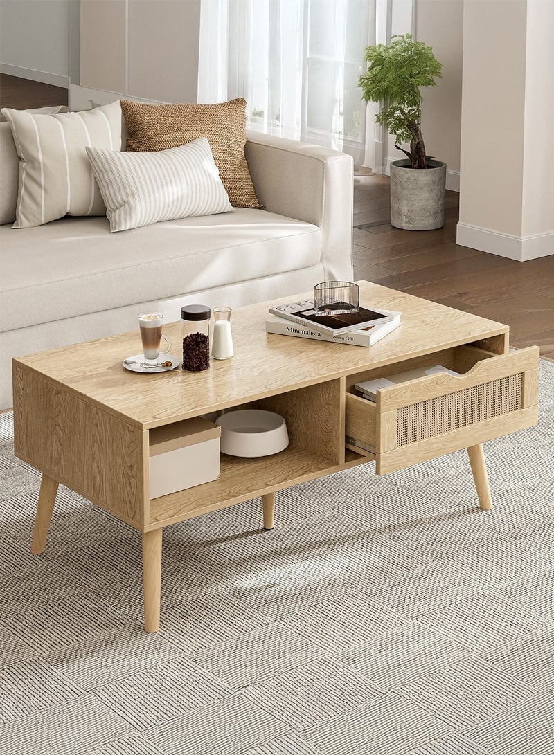 Yanara Coffee Table with Storage, Boho Dining Table with Rattan Drawer and Solid Wood Legs, Small Coffee Tables for Living Room, Oak - Image 1